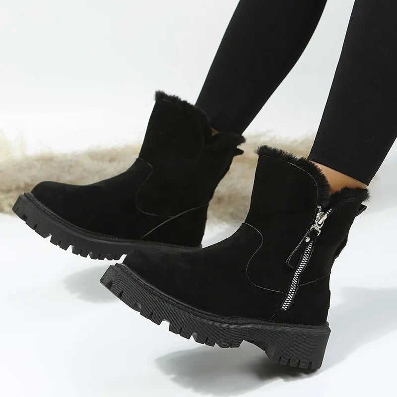 Women's black faux suede snow boots with high top, square heel, and side zipper closure
