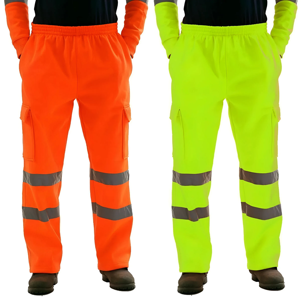 Men's reflective stripe work trousers in yellow, cotton fleece lined, sizes M to 4XL for sanitation workwear
