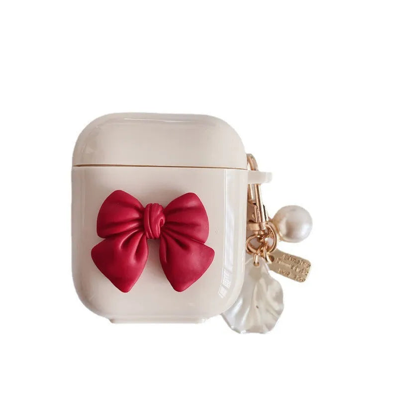 Beige red bow shell TPU earphone case for AirPods with clamshell closure
