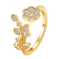 Women's copper open ring with a diamond-faceted flower and leaf design in gold and white colour options.