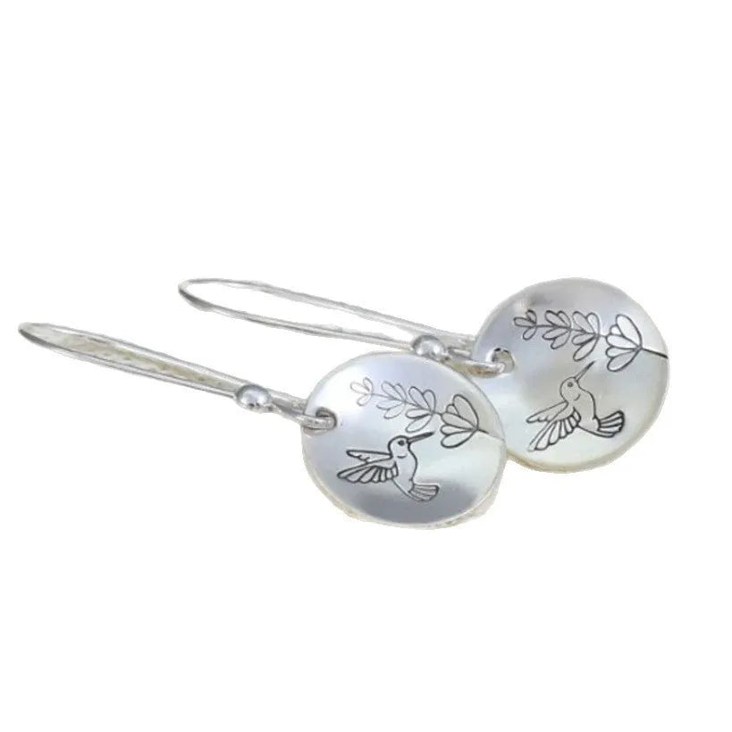 Silver retro women's earrings with bird, flower and leaf designs in glossy zinc alloy