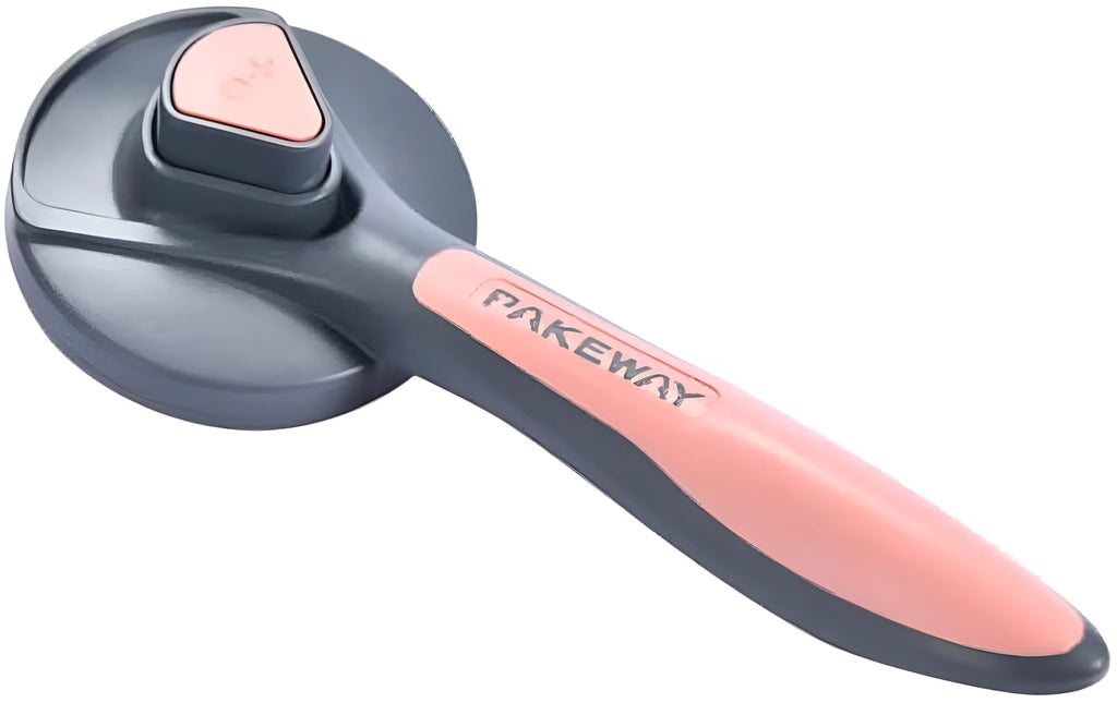 Grey self-cleaning slicker brush for grooming cats and dogs, showing the one-click cleaning button and soft-tipped bristles.