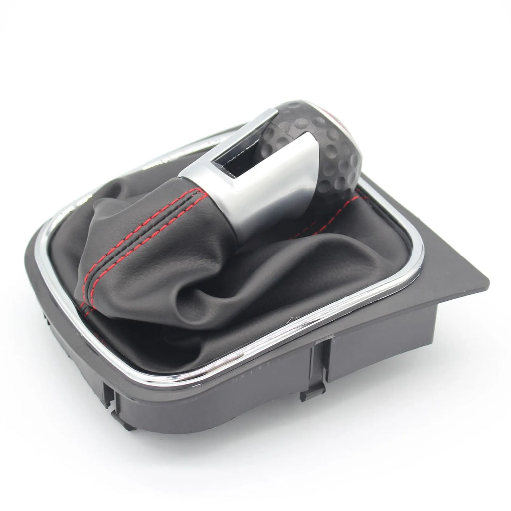 Black leather manual gear knob with dust boot for Volkswagen Golf 5, 6 and 7 models.
