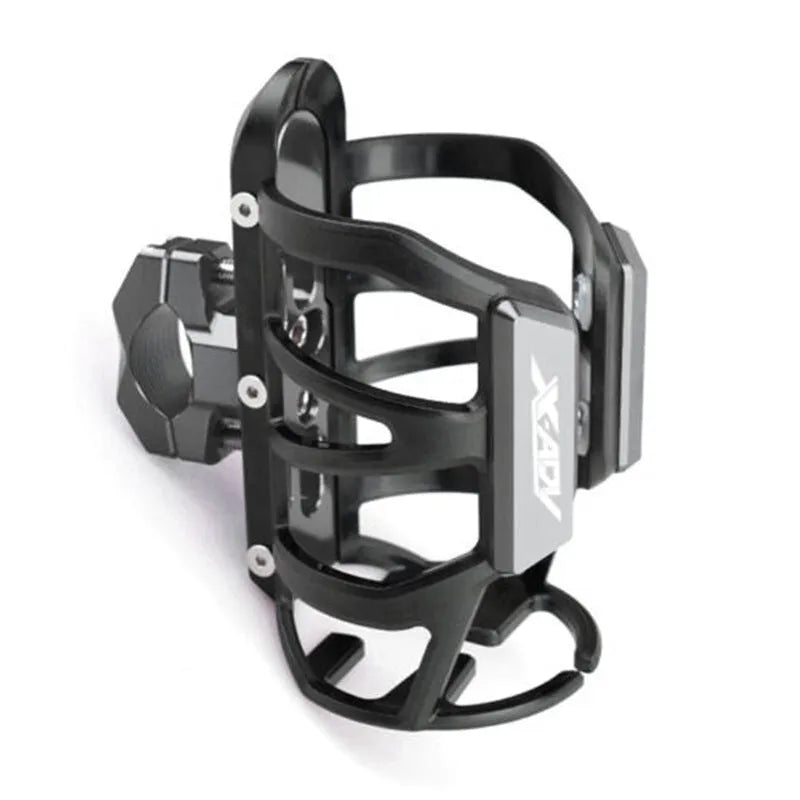 Black water bottle cage mounted on Honda X-ADV scooter modification