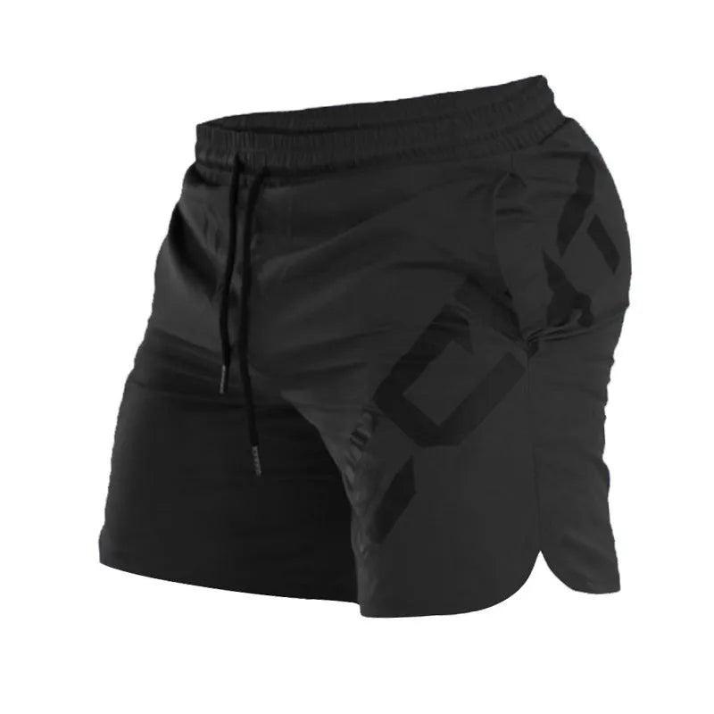 Men's black knee-length training shorts with an elastic waistband, made from quick-dry nylon blend fabric.