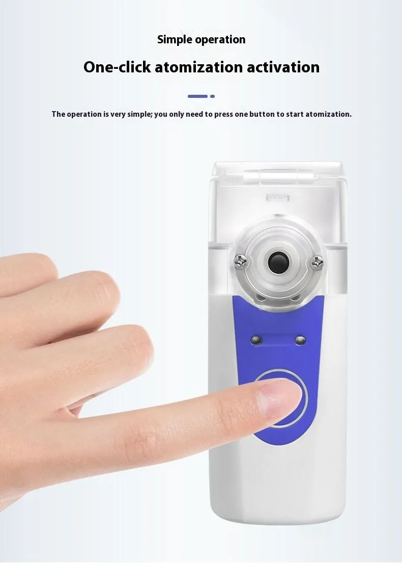 A white columnar handheld USB nebuliser for quiet household drug atomisation.