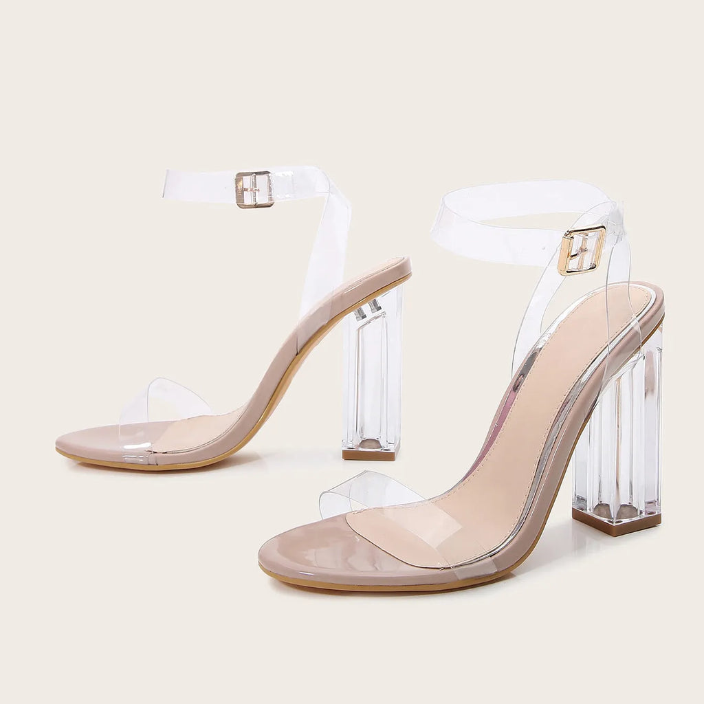 Apricot women's high heel sandals with clear glass heel and buckle fastening
