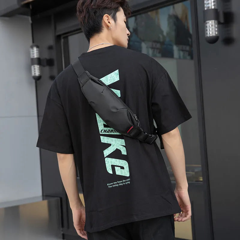 Black Oxford cloth waist pack showing multiple internal pockets including phone and ID compartments