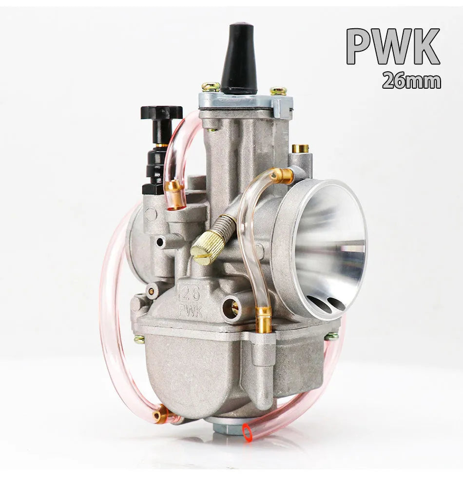 Sandblasted PWK motorcycle carburetor kit for performance modification, showing size options.
