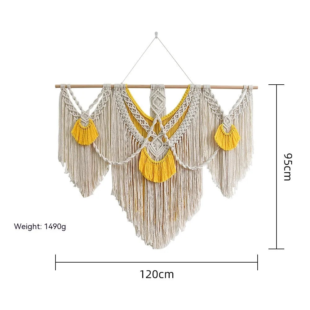 Hand-woven cotton Nordic tapestry wall hanging with creamy white and yellow colours