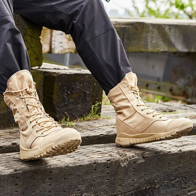 Yulong summer combat boots in black and sand colours, shown as outdoor climbing and tactical footwear.