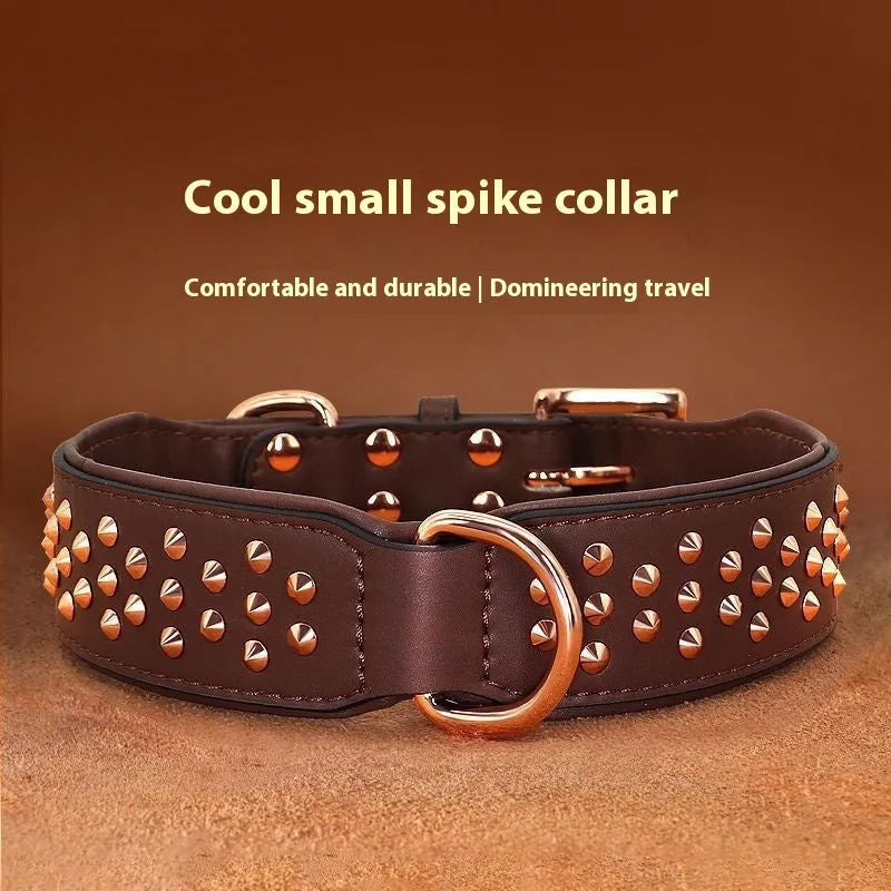 Leather dog training collar with stainless steel anti-bite rivets in black, chocolate, or pink colour options