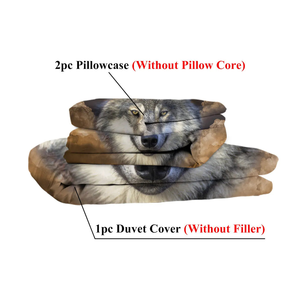 Brown 3-piece wolf print duvet set with microfiber comforter and two pillow shams on bed