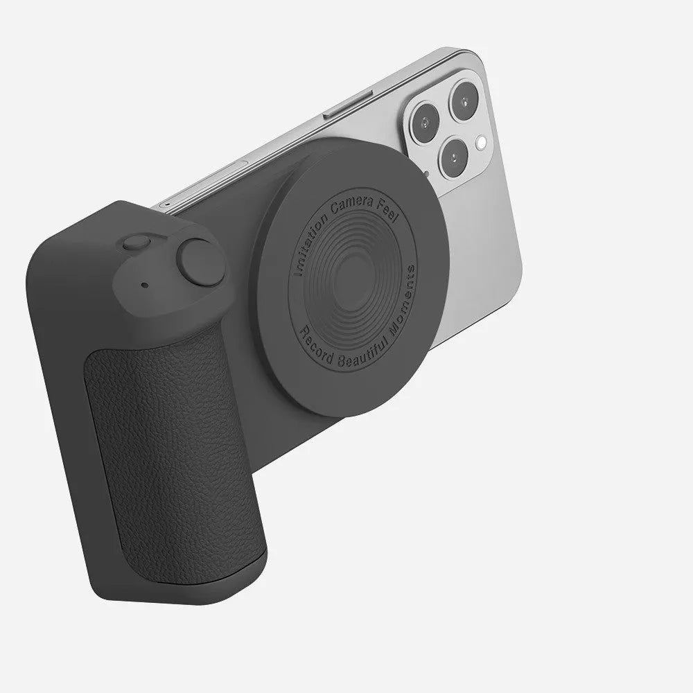 Black magnetic phone camera bracket with ergonomic PU leather handle on table