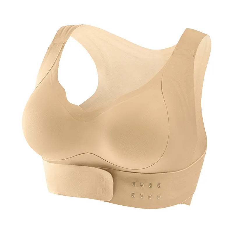 Women's black sports bra with front buckle closure and back shaping design for yoga and exercise.
