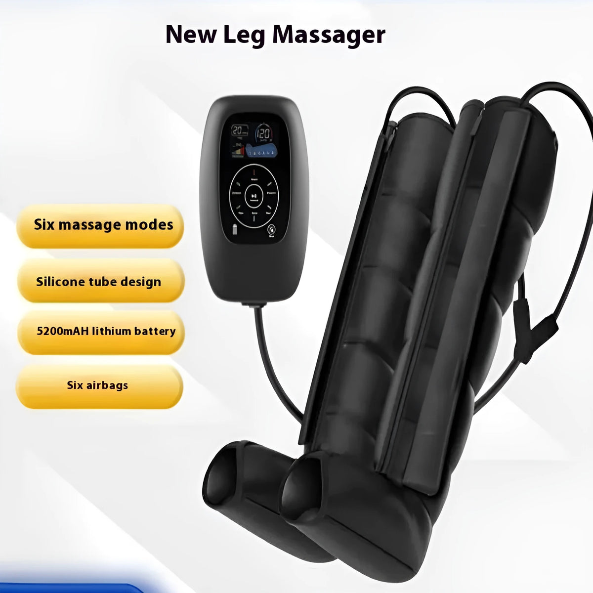 Air compression massage suit with remote control showing leg sleeves in sizes L XL XXL