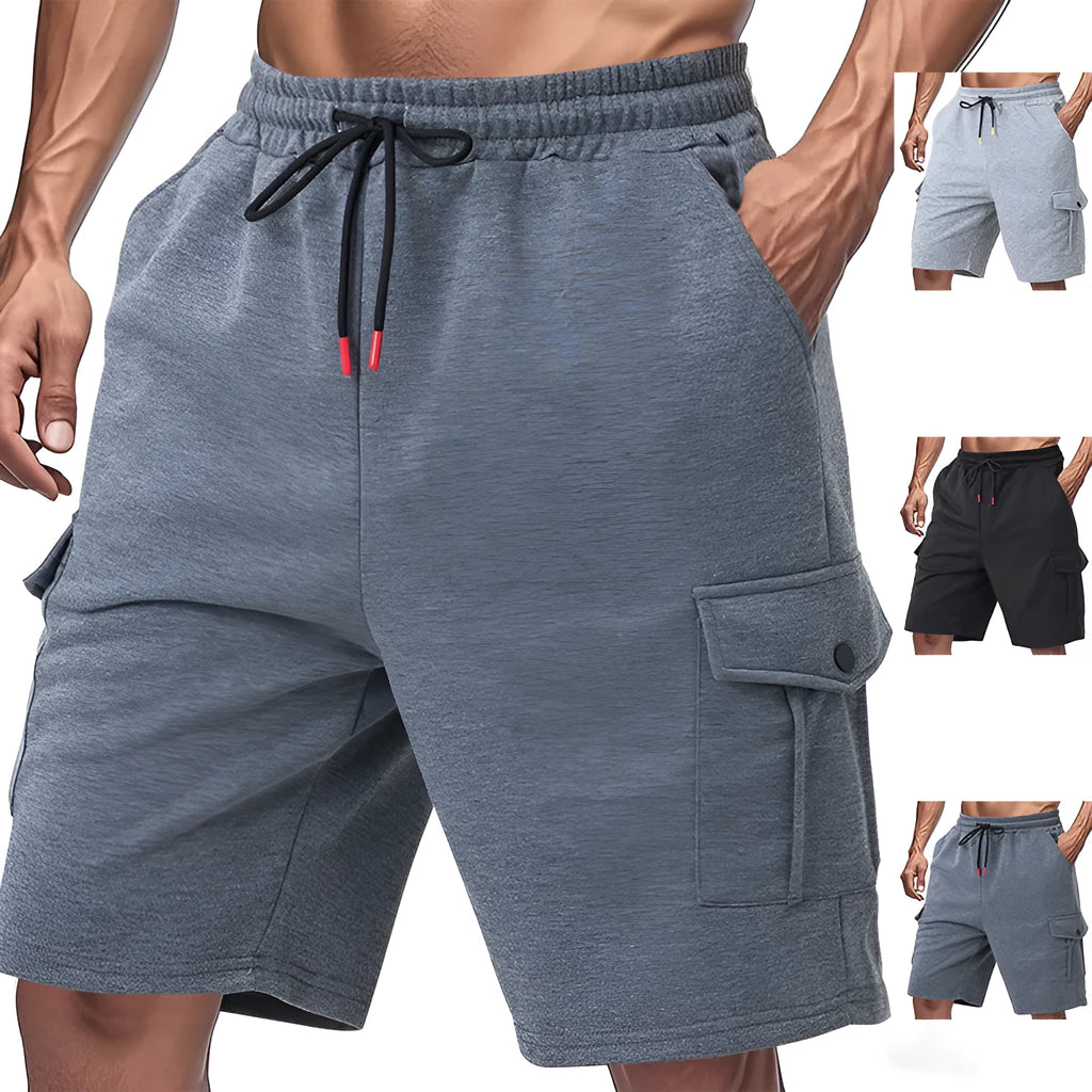 Loose fit sports cargo shorts with multiple pockets in light grey, showing elastic waistband and fifth pants length