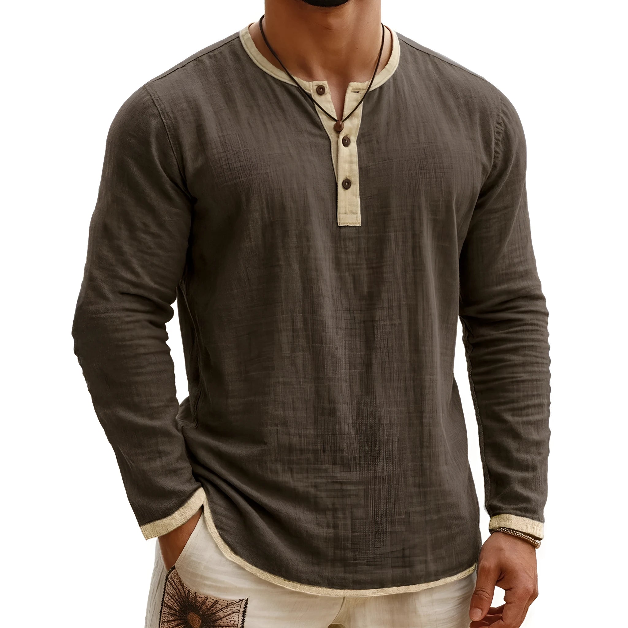 Men's digital printing two-tone 3-button Henley shirt, long sleeve, slim fit polyester casual top in youth style