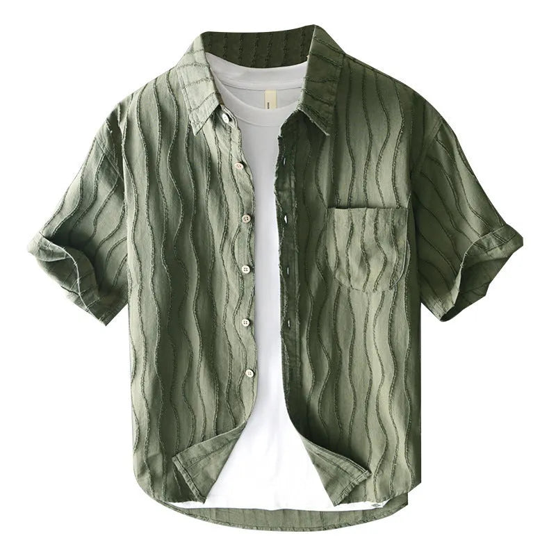 Men's pure cotton casual shirt in Japanese style with short sleeves and loose fit