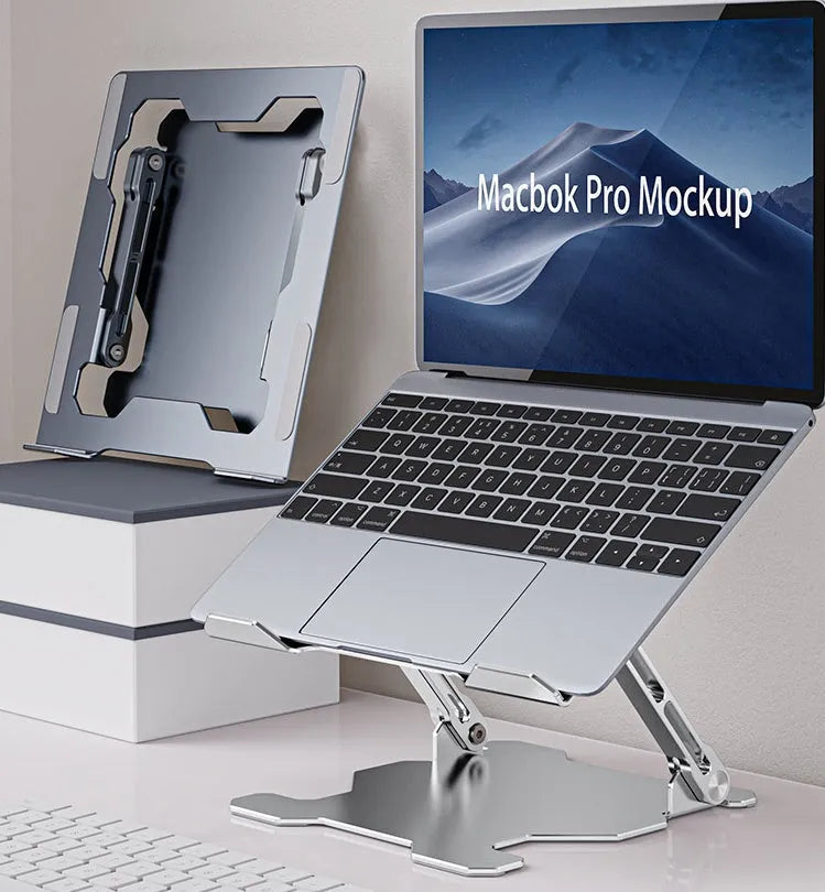 Grey adjustable aluminium laptop stand in folded and unfolded positions showing hollow design