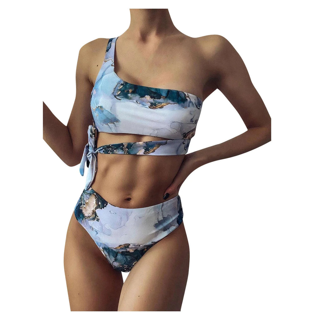 Women's marble tie-dye high waist bikini set with U-neck top and separated swimwear design