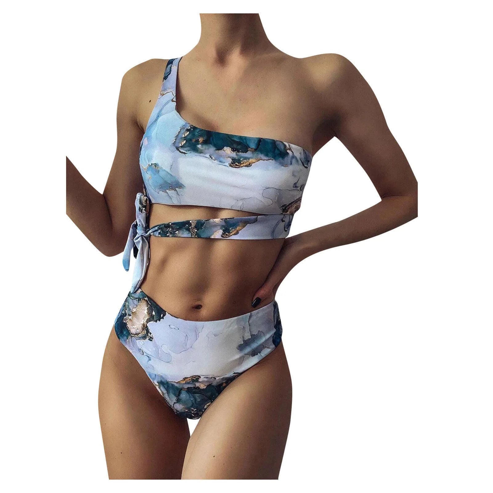 Women's marble tie-dye high waist bikini set with U-neck top and separated swimwear design