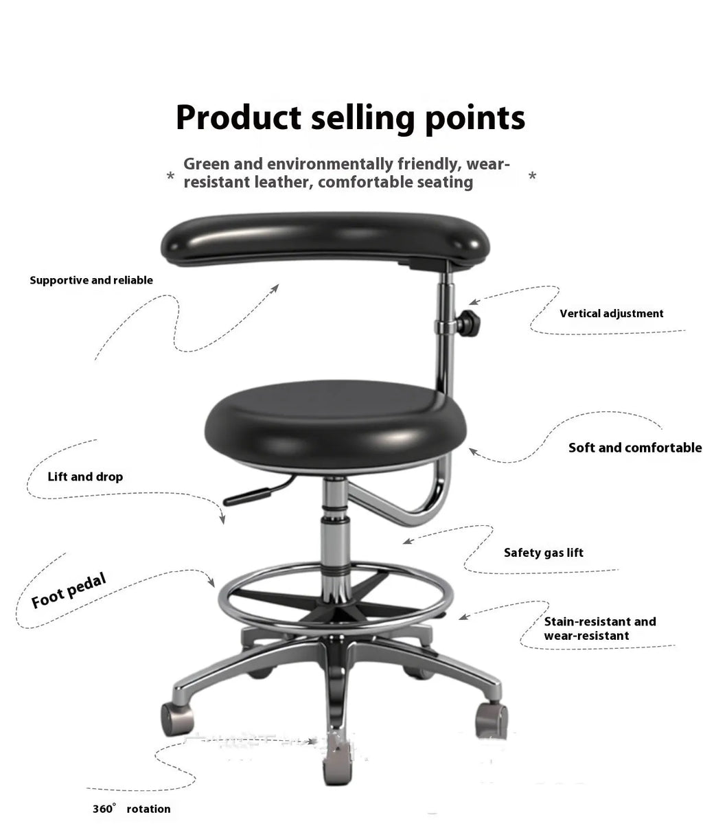 Black leather dental hospital chair with height adjustment lift mechanism