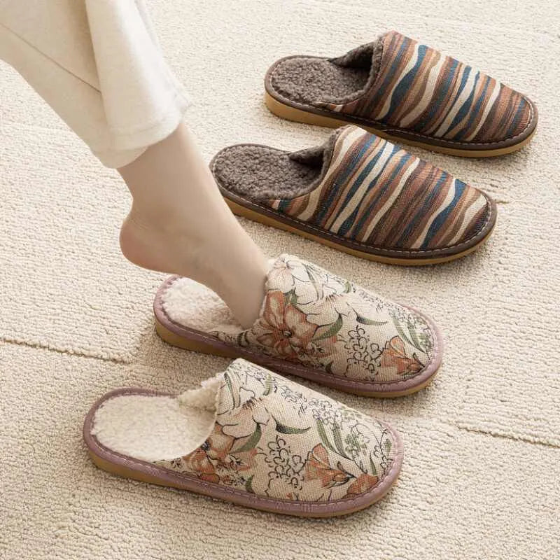 Household cotton slippers with linen surface, PVC sole, in floral colour patterns with UK size options