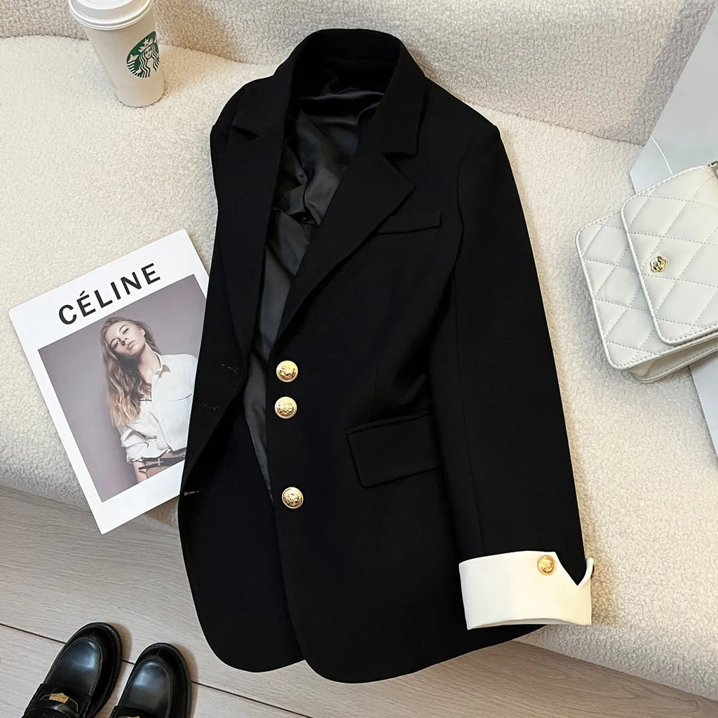Korean-style women's coat in loose fit with pockets, available in Milky White or Black