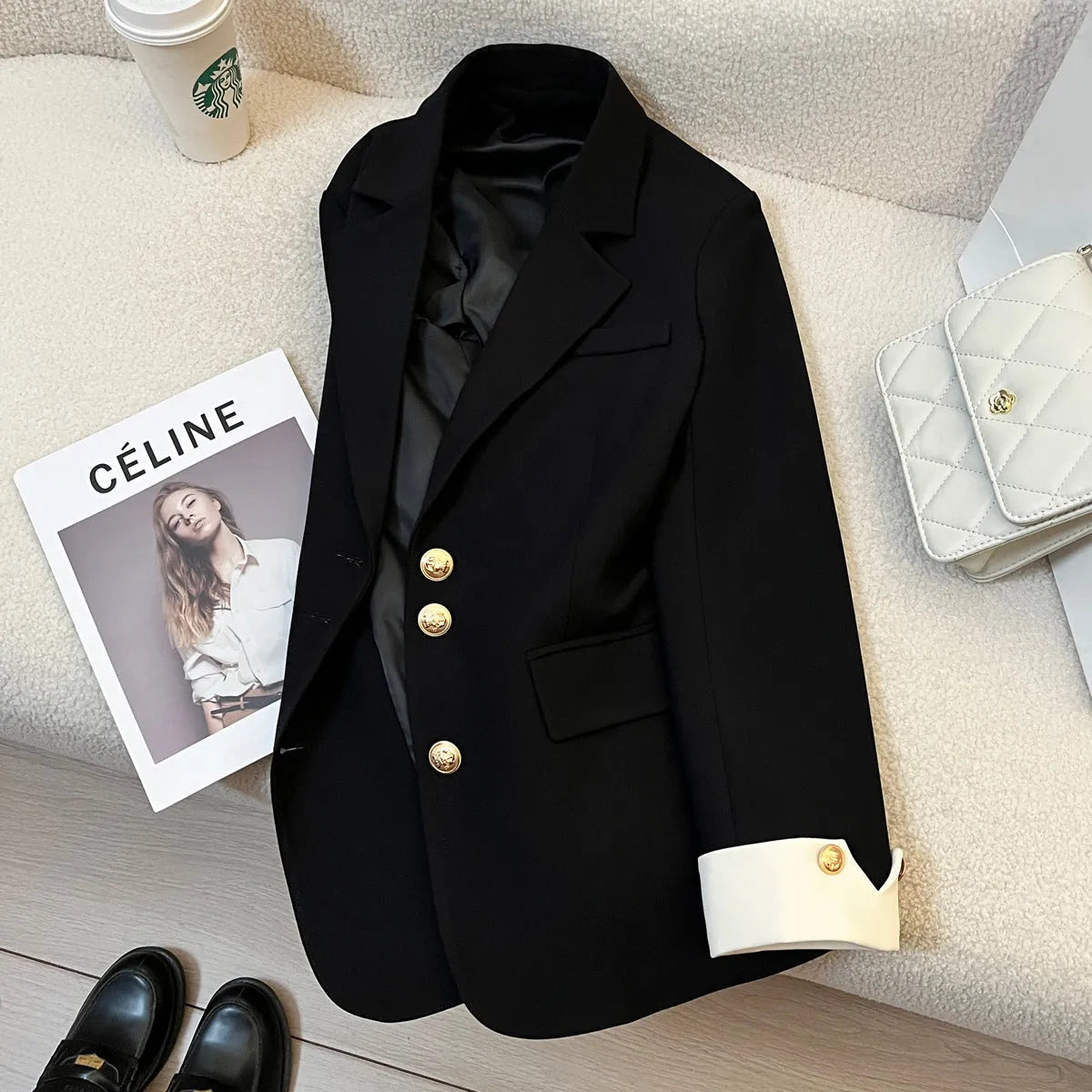Korean-style women's coat in loose fit with pockets, available in Milky White or Black