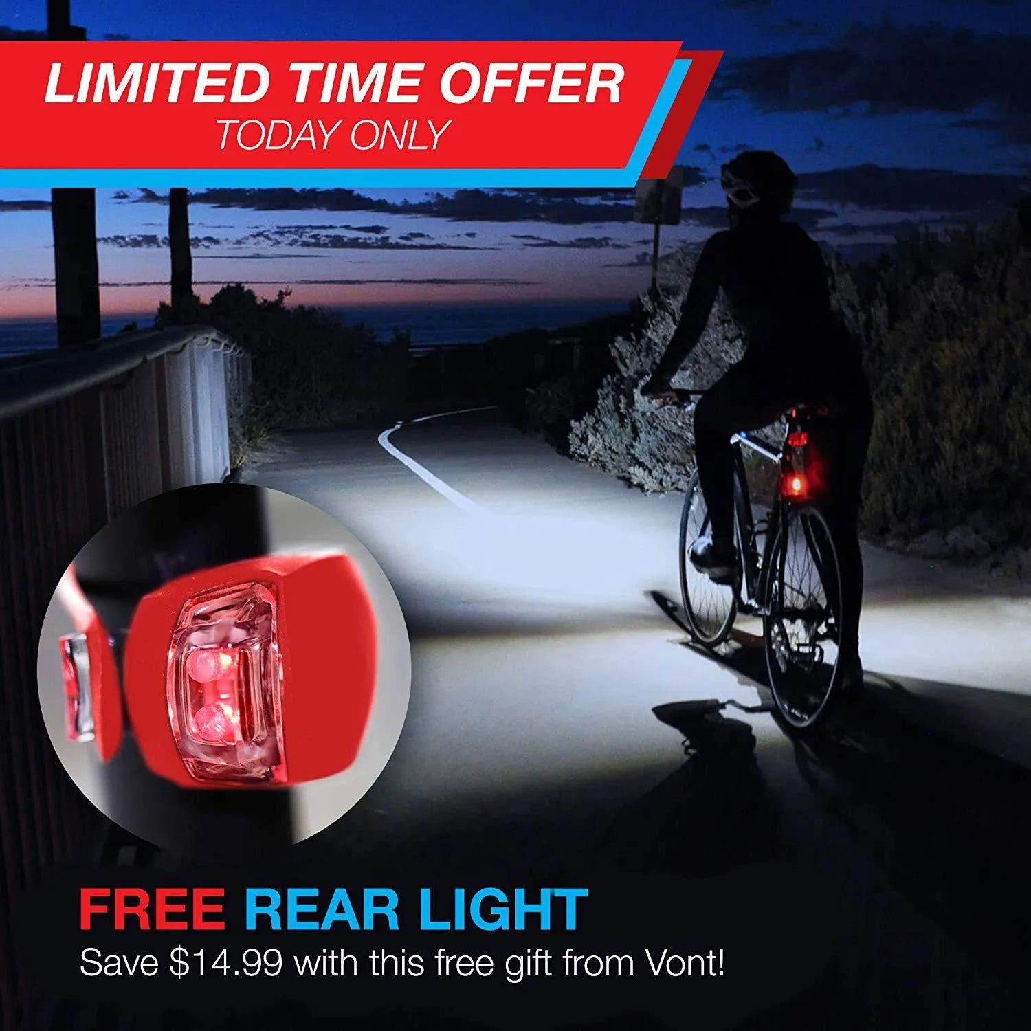 Bicycle headlight and taillight set with metal mounting bracket on a black background.