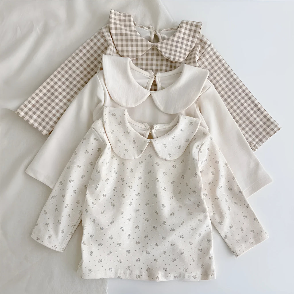 Cotton baby girl top with long sleeves, plaid floral print, white Little Flower options, suitable height 66cm to 100cm.