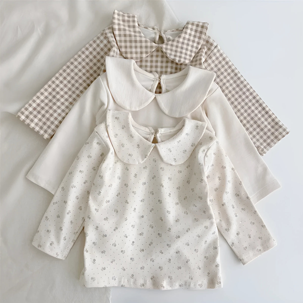 Cotton baby girl top with long sleeves, plaid floral print, white Little Flower options, suitable height 66cm to 100cm.