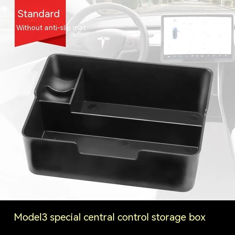Tesla Model 3 centre console storage box retrofit kit shown installed in vehicle armrest