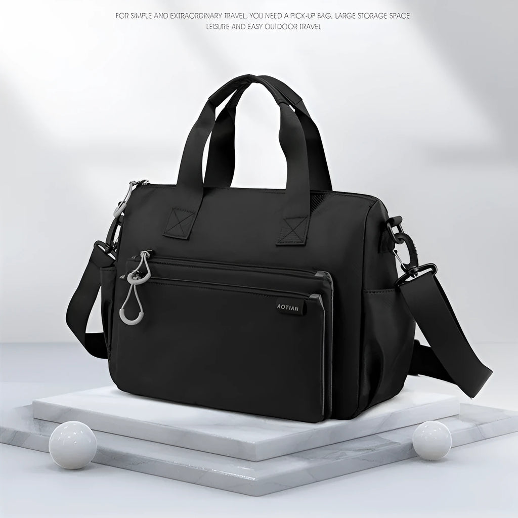 Men's Oxford cloth single shoulder travel bag, horizontal square zip satchel, shown in black, blue, green, or grey, sizes S and M.
