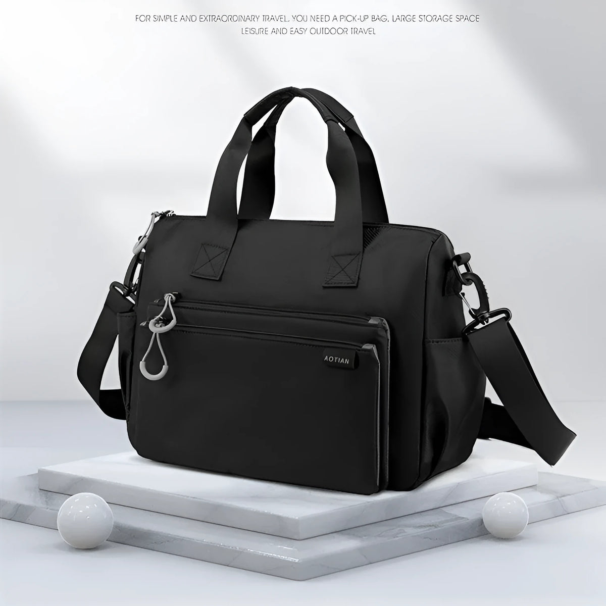 Men's Oxford cloth single shoulder travel bag, horizontal square zip satchel, shown in black, blue, green, or grey, sizes S and M.