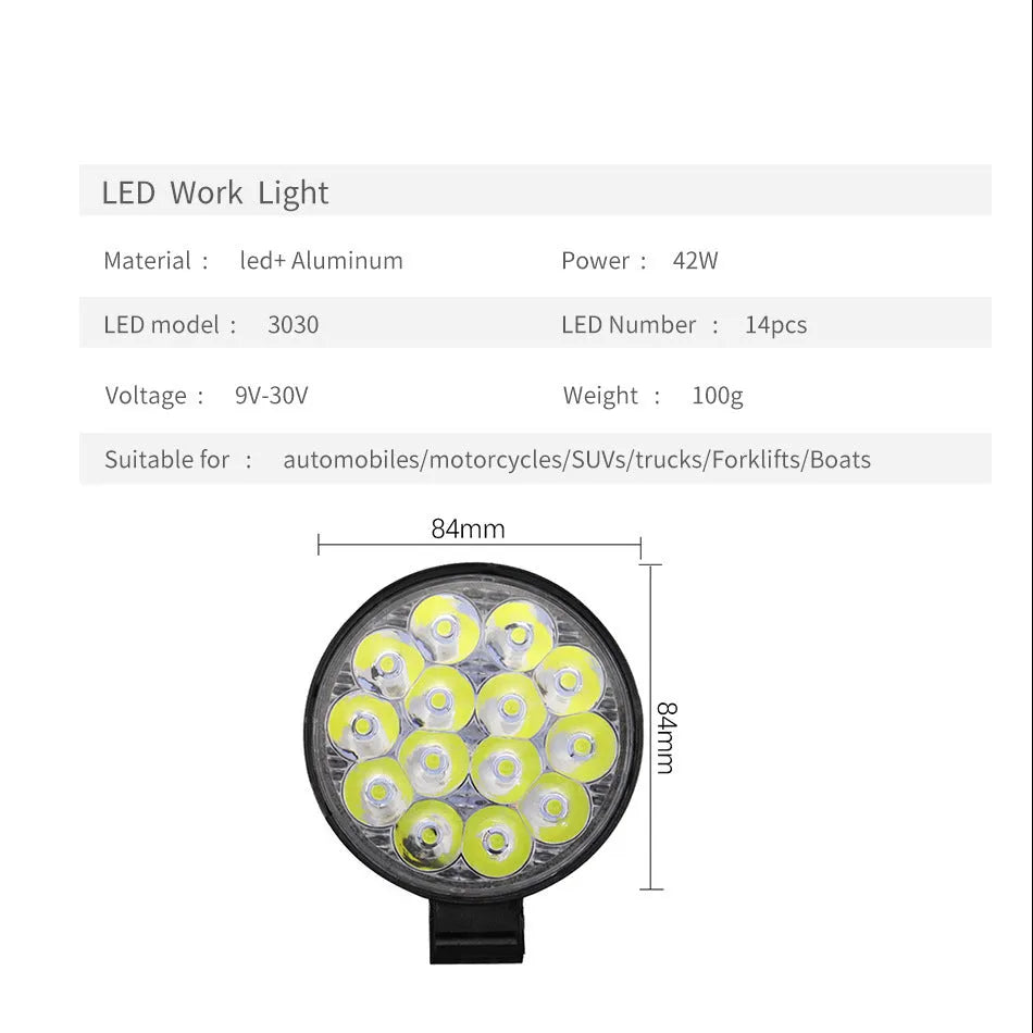 Round mini aluminium LED work light showing white light beam, suitable for vehicle mounting.