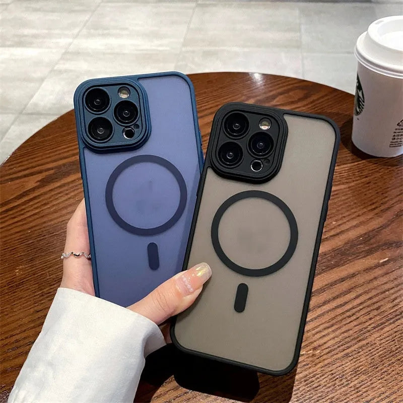 Frosted acrylic magnetic suction phone case for Apple iPhone in navy blue with all-inclusive design