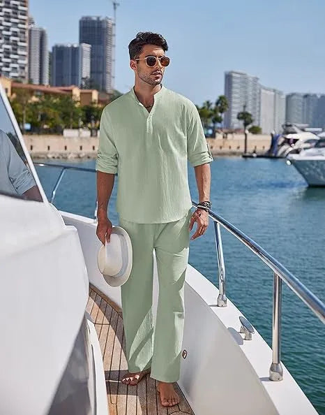 Men's solid colour cotton casual suit with long sleeves and trousers on a hanger