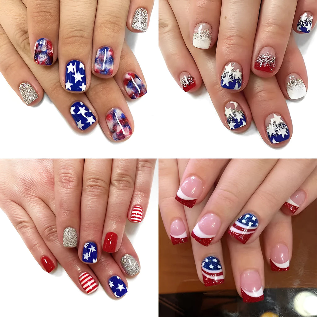 False nails set with red, white, and blue star pattern for Independence Day in European square shape