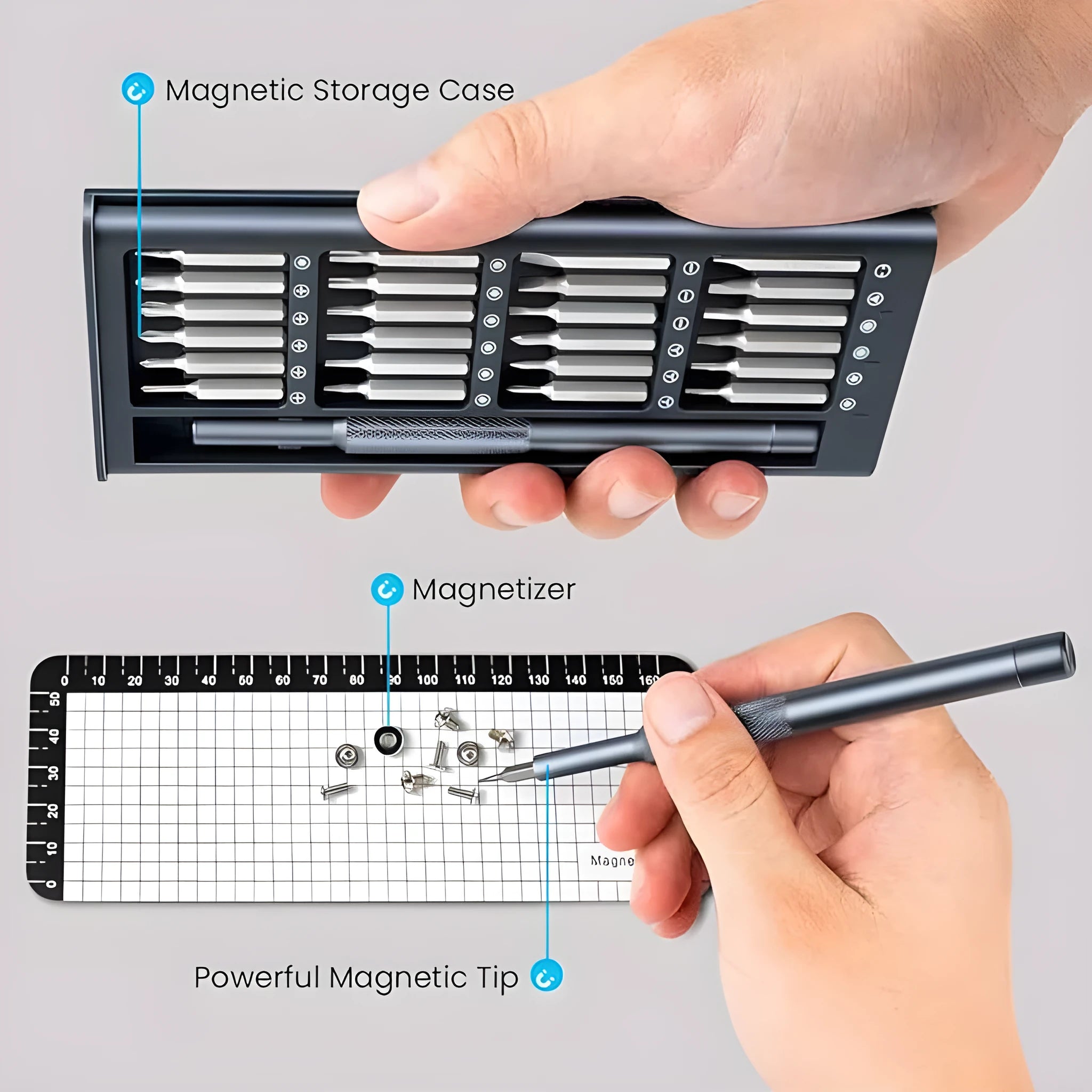 25-in-one magnetic screwdriver set with chrome vanadium steel bits and black ABS handle measuring 110mm