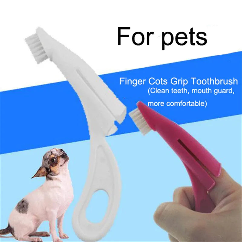 Red and white pet finger toothbrush with silicone bristles for cleaning dog and cat teeth.