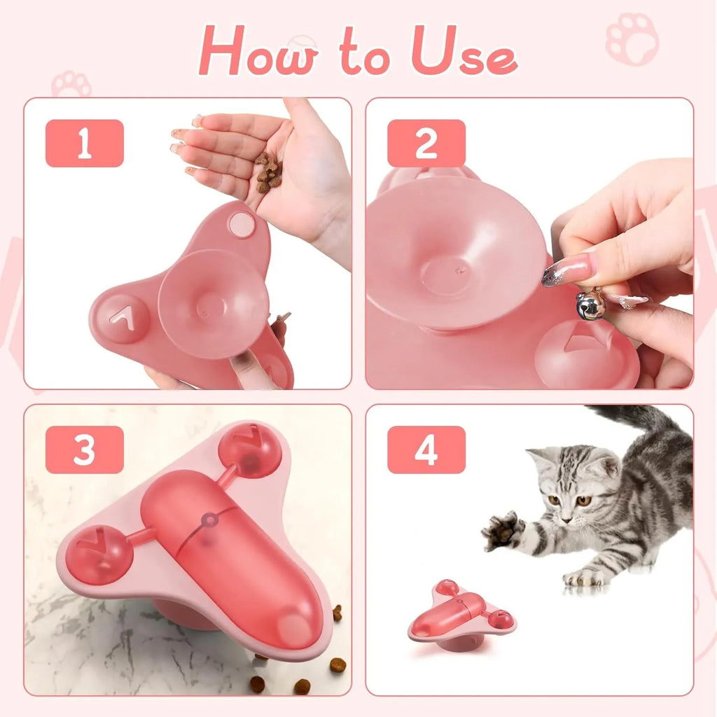 Blue interactive pet puzzle feeder toy with suction cup base, snack cabin, bell, and catnip pouch.