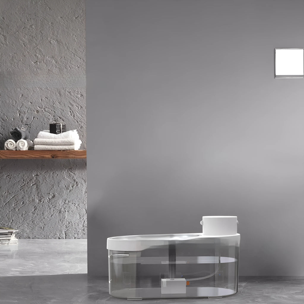 Black wireless stainless steel pet water dispenser with built-in battery for cats and dogs on a floor