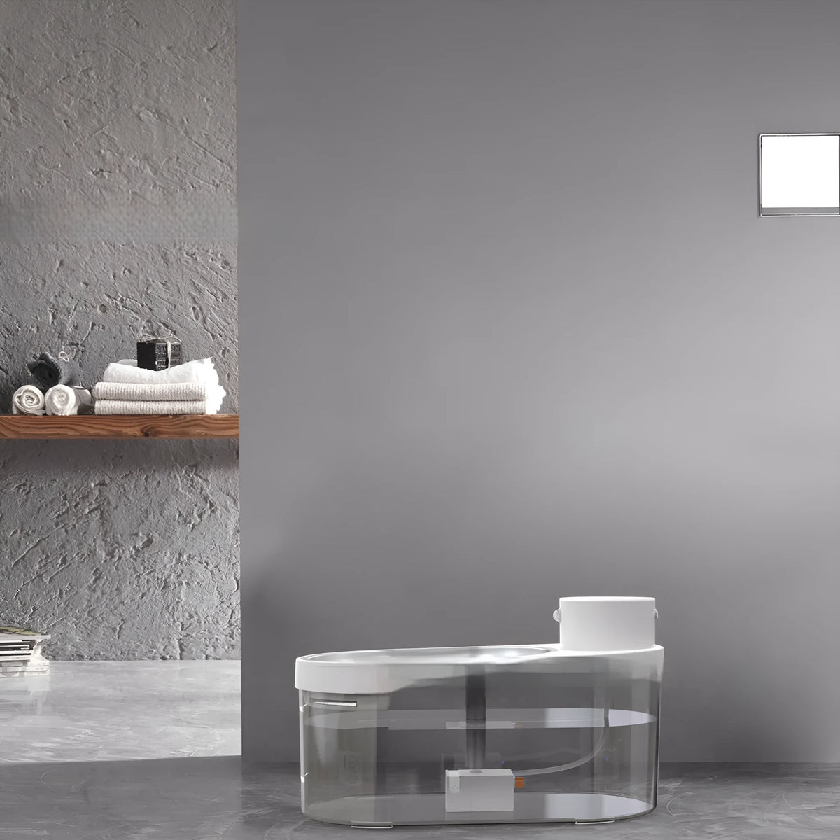 Black wireless stainless steel pet water dispenser with built-in battery for cats and dogs on a floor