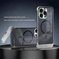 Metal frame iPhone case with built-in holder and magnetic ring, available in Black, Dark Purple, Sea Blue, and Silver.