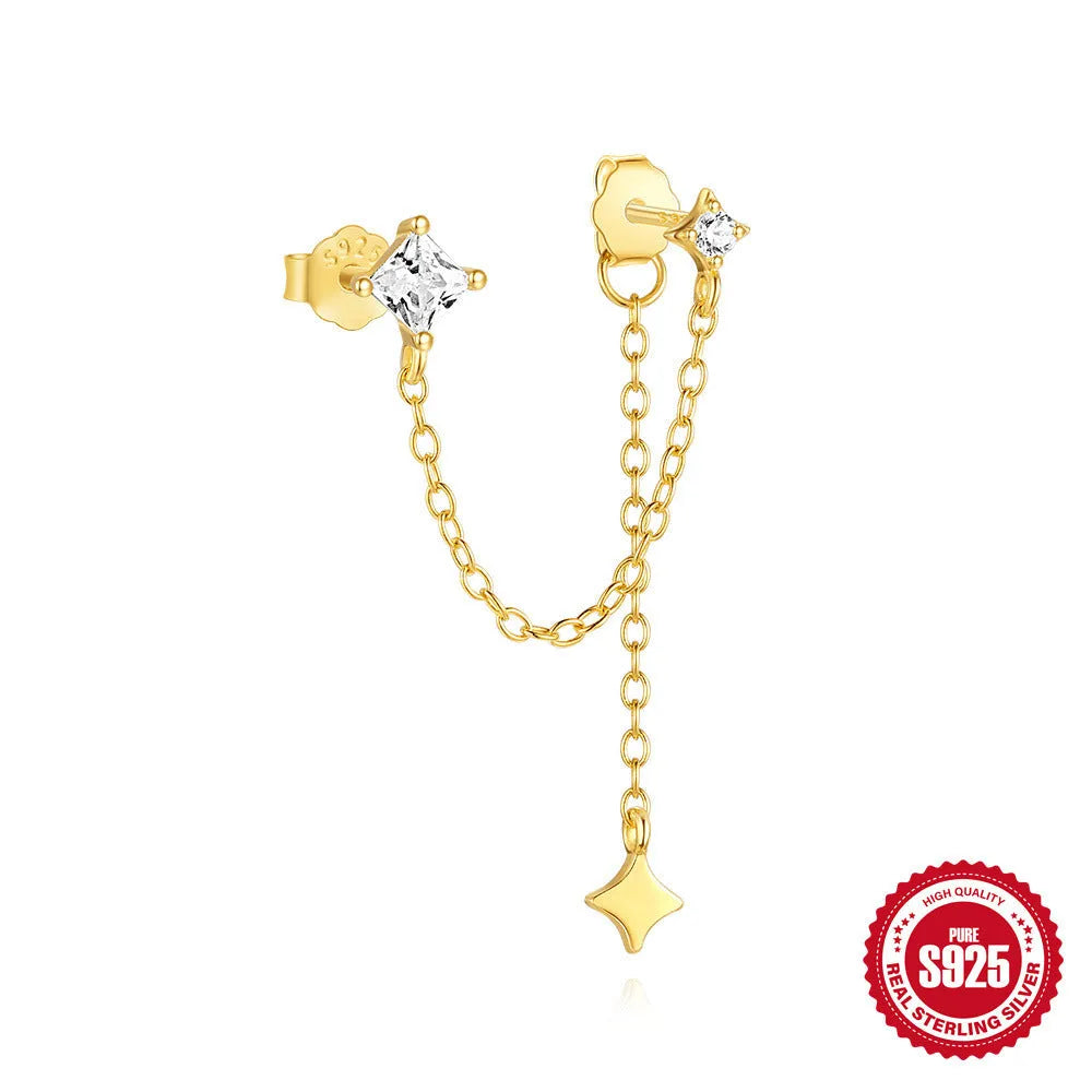 Golden geometric sterling silver double ear piercing chain stud earrings with zircon inlay