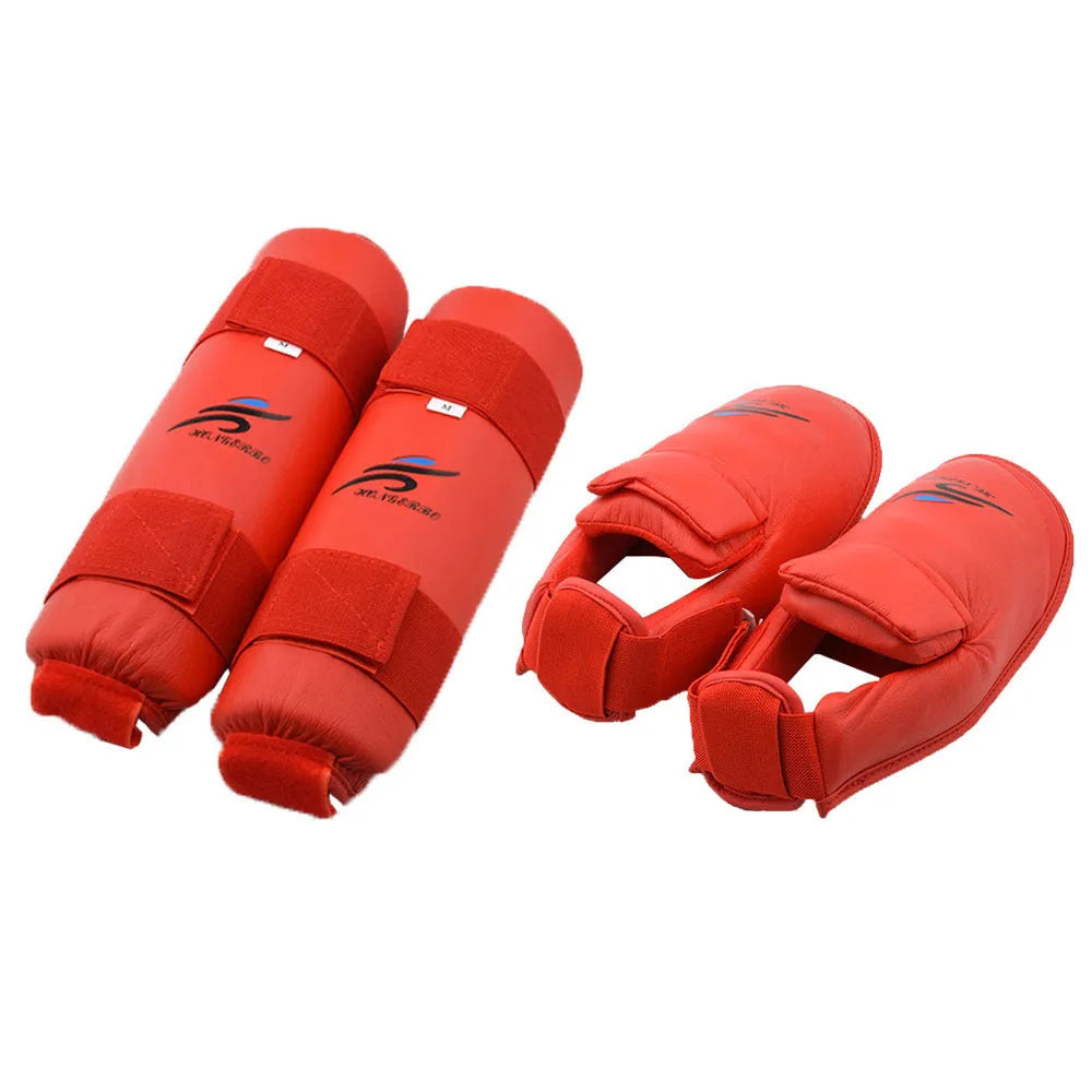 Martial arts protective gear set with red leg guards, helmet, and boxing gloves for karate training
