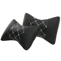 Black leather quilted car headrest pillow with diamond pattern and contrasting stitching