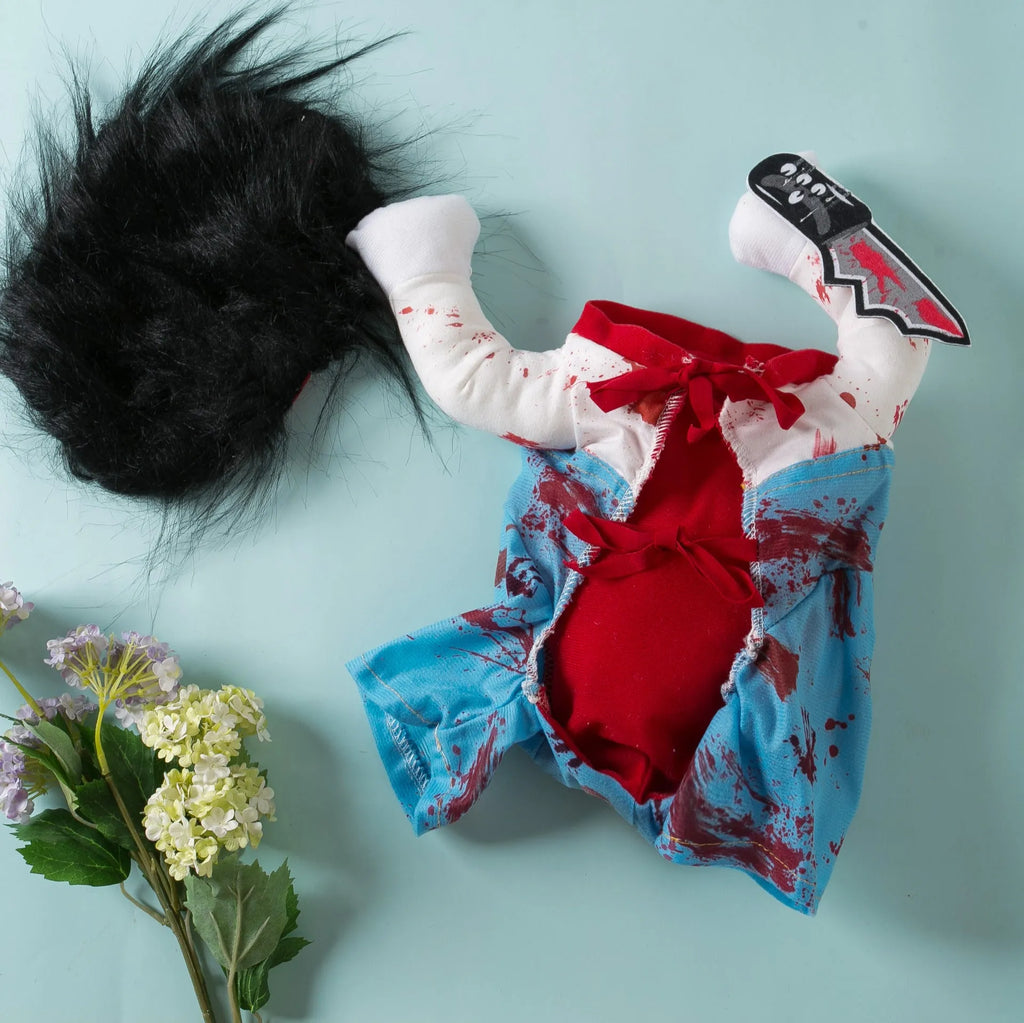Halloween Bloody Doll pet costume for dogs and cats, polyester pet clothing in sizes S, M, L, and XL
